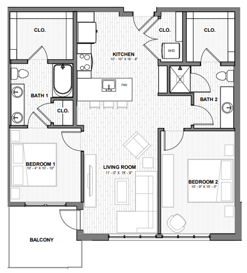 Floor plan for 2 beds, 2 baths, 967 sqft